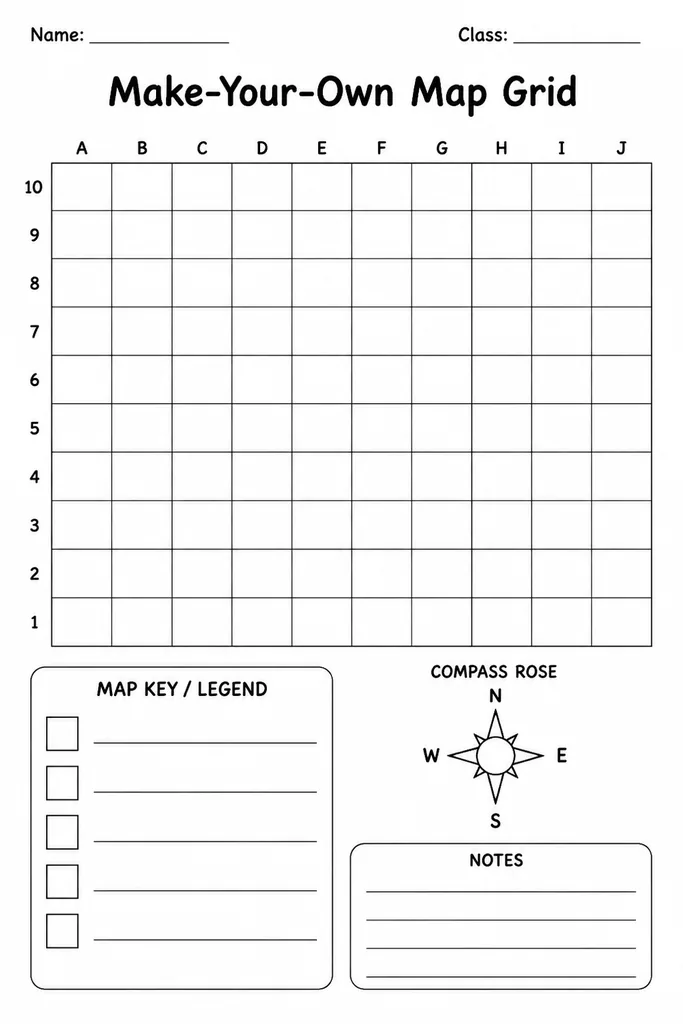 Free printable make-your-own map grid template with lettered columns, numbered rows, and a full-page blank grid for student-drawn maps.