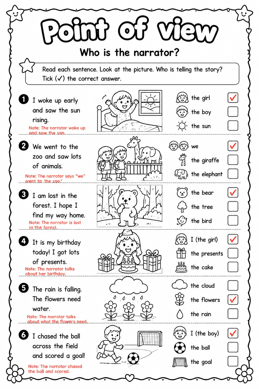 Answer key for Who is the narrator? — free printable English & Reading worksheet