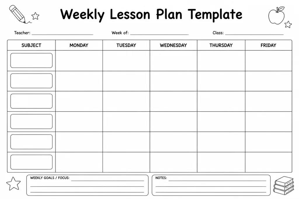 Blank weekly lesson plan template showing a grid with five day columns and subject rows for teacher weekly curriculum planning