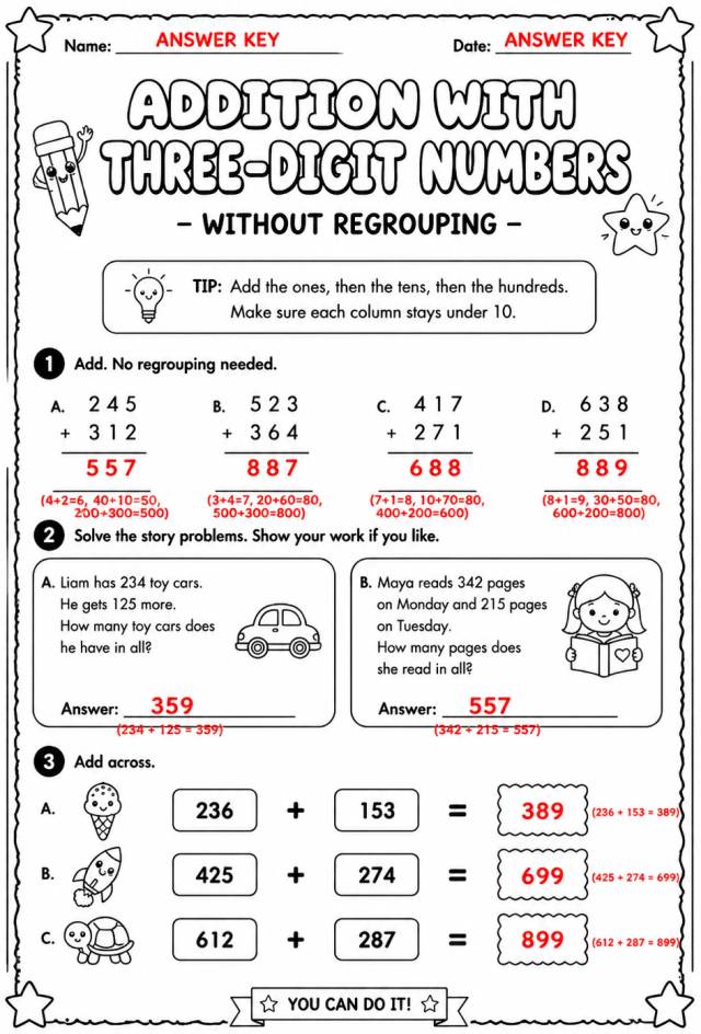 Answer key for Addition with three-digit numbers - without regrouping — free printable Math worksheet