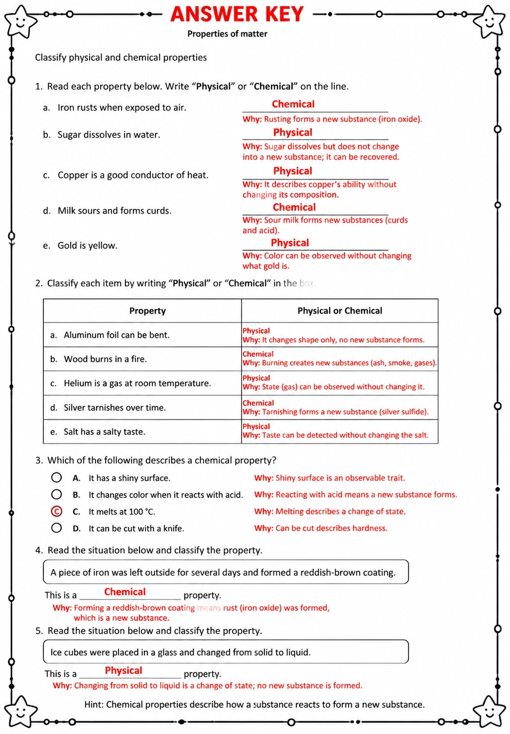 Answer key for Classify physical and chemical properties — free printable Science worksheet