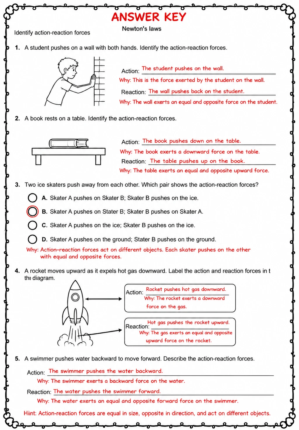 Answer key for Identify action-reaction forces — free printable Science worksheet