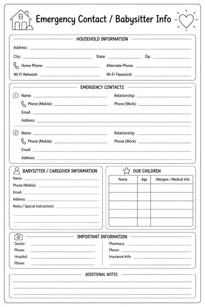 Blank emergency contact and babysitter info printable with labeled fields for phone numbers, address, allergies, and medical notes