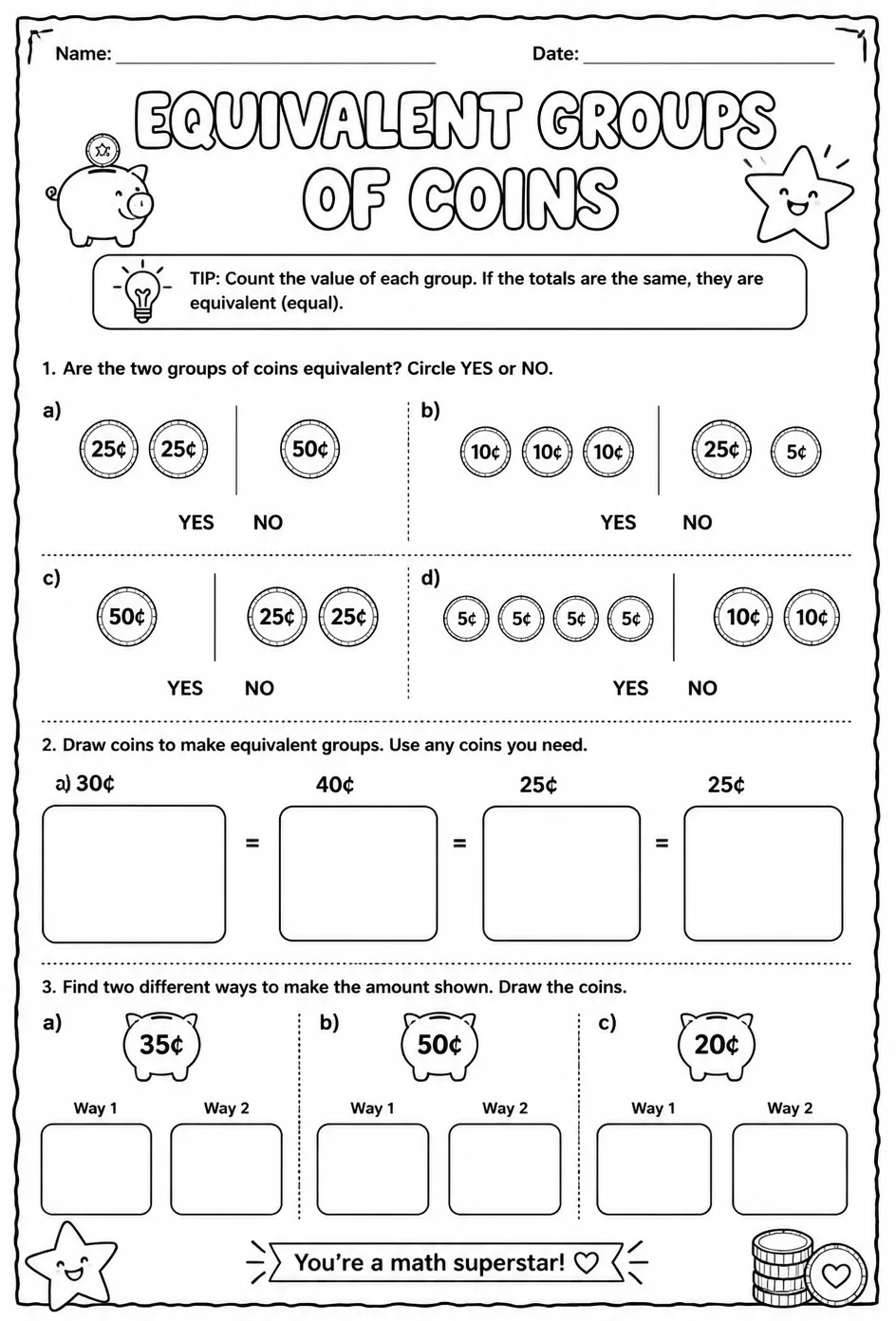 Equivalent groups of coins — free printable Grade 1 math worksheet
