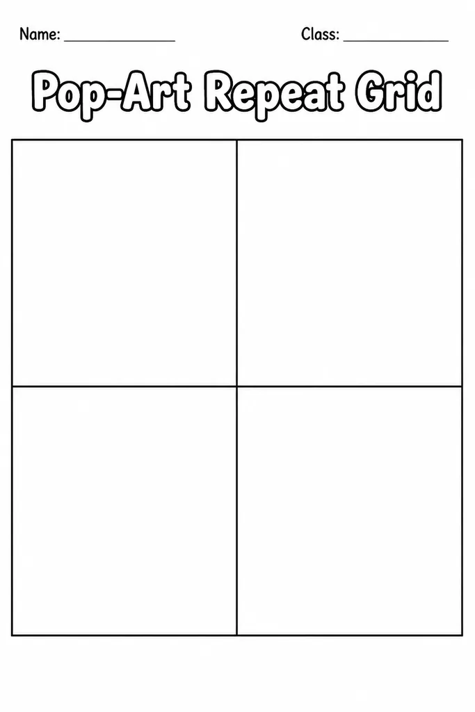 Printable pop-art repeat grid template showing four equal blank panels in a two-by-two grid on white paper, ready for student illustrations and colour variations