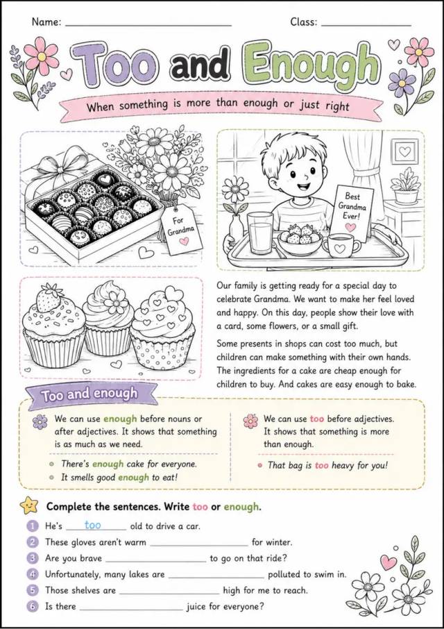 Too And Enough | Grade 5 Grammar Worksheet grade 5 printable PDF preview