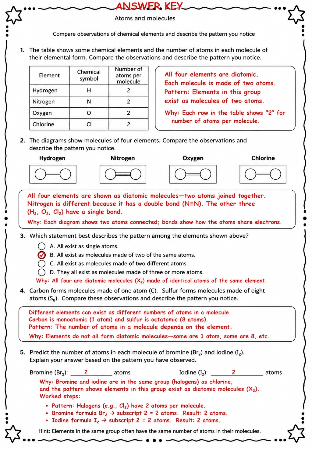 Answer key for Compare observations of chemical elements and describe the pattern you notice — free printable Science worksheet