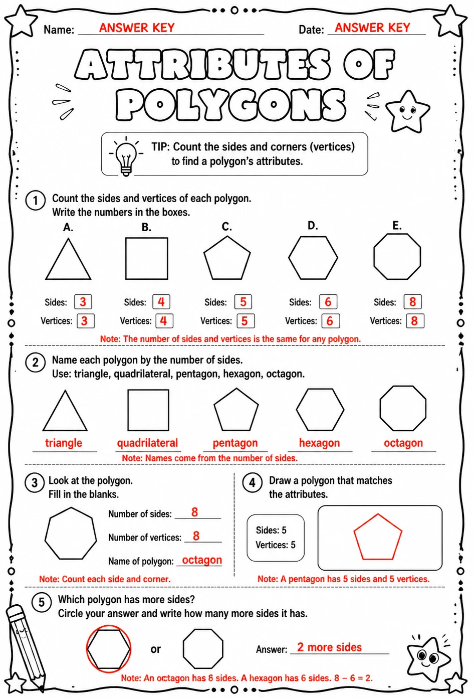 Answer key for Attributes of polygons — free printable Math worksheet