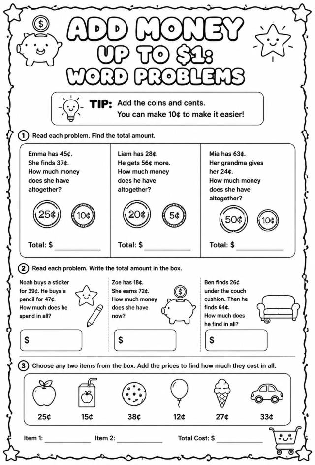 Add money up to $1: word problems — free printable Grade 2 math worksheet