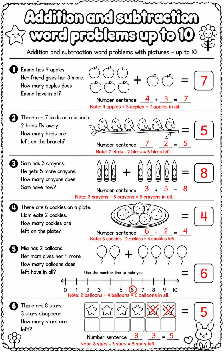 Answer key for Addition and subtraction word problems with pictures - up to 10 — free printable Math worksheet