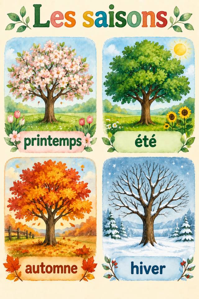 Affiche « Les saisons » montrant un arbre fleuri au printemps, des feuilles vertes en été, des feuilles orangées en automne et des branches nues enneigées en hiver.
