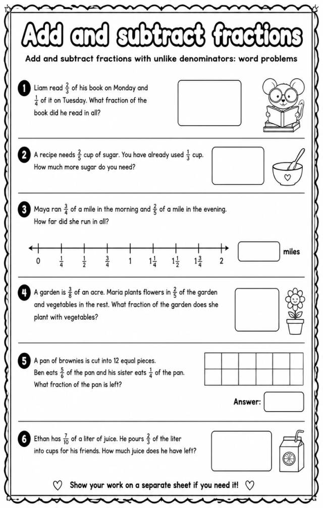 Add and subtract fractions with unlike denominators: word problems — free printable Grade 5 math worksheet