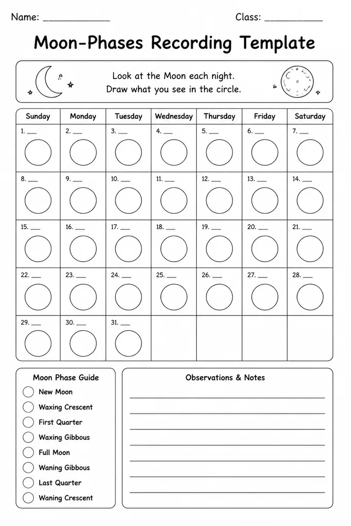 Blank printable moon-phases recording calendar with 30 dated cells each containing an empty circle for students to sketch nightly moon observations
