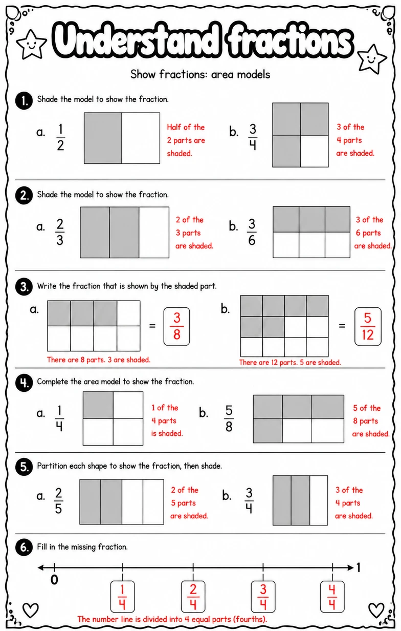 Answer key for Show fractions: area models — free printable Math worksheet