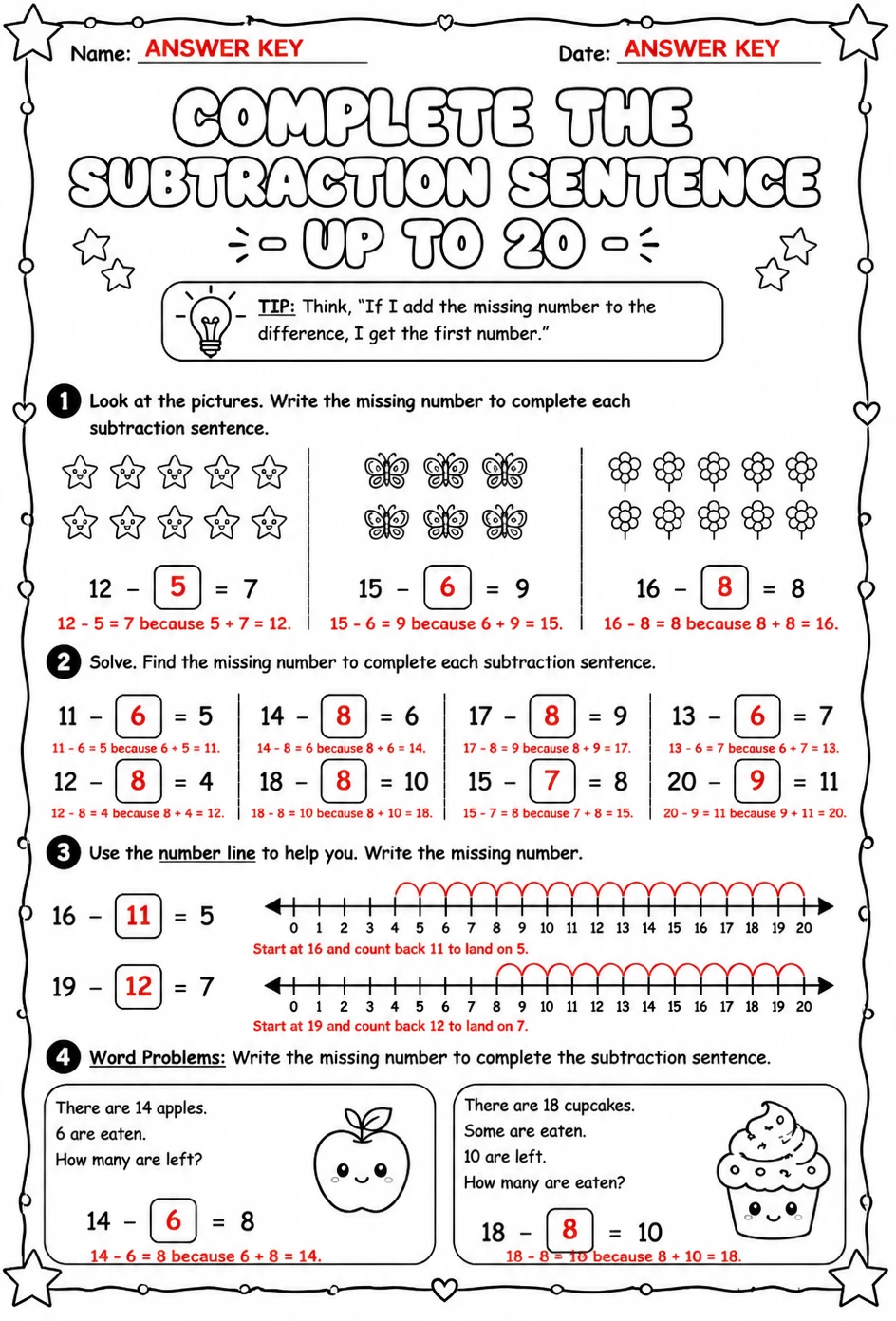 Answer key for Complete the subtraction sentence - up to 20 — free printable Math worksheet