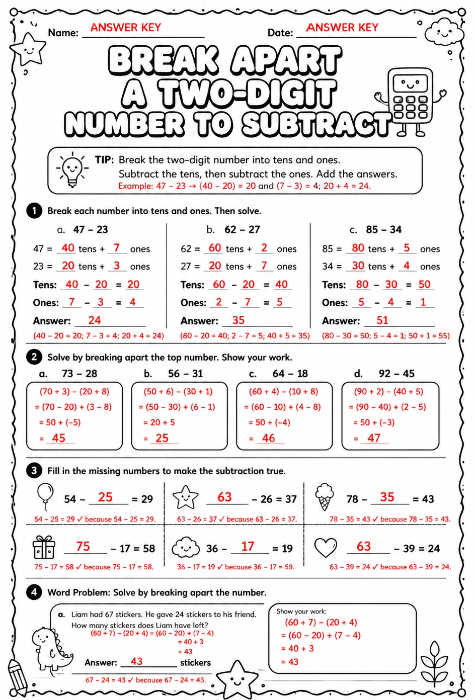Answer key for Break apart a two-digit number to subtract — free printable Math worksheet