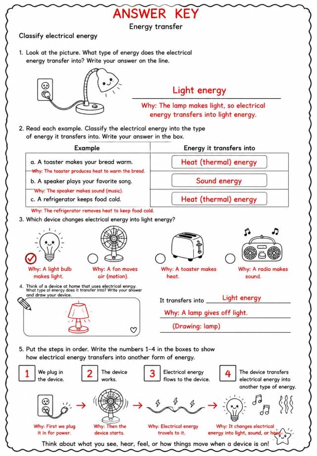 Answer key for Classify electrical energy — free printable Science worksheet