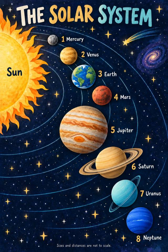 Gouache solar system poster with the Sun and eight numbered planets from Mercury to Neptune on a midnight-blue background.