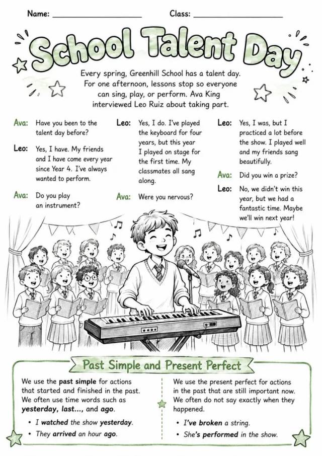 Present Perfect: School Talent Day | Grades 5-6 Grammar Worksheet grades 5 6 printable PDF preview