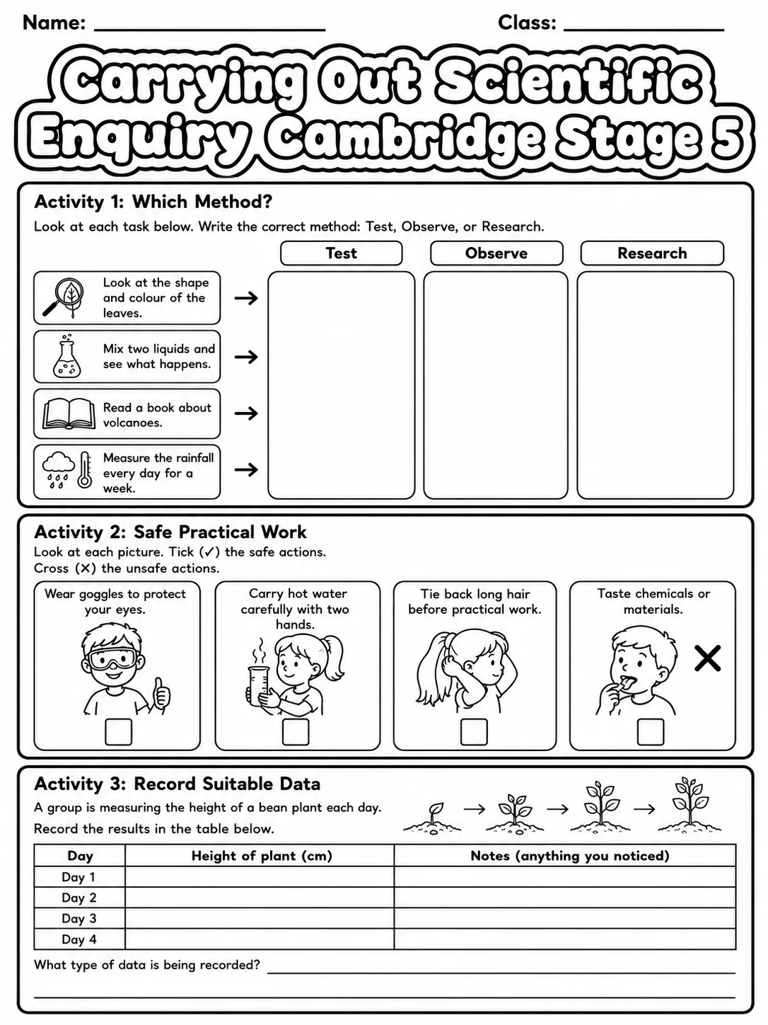 Carrying Out Scientific Enquiry Cambridge Stage 3 printable Cambridge Primary Science Stage 3 worksheet preview from KiwiBee