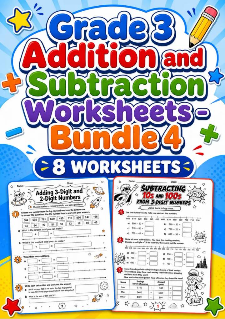 Grade 3 Addition and Subtraction Worksheets - Pack 4 grade 3 printable PDF preview
