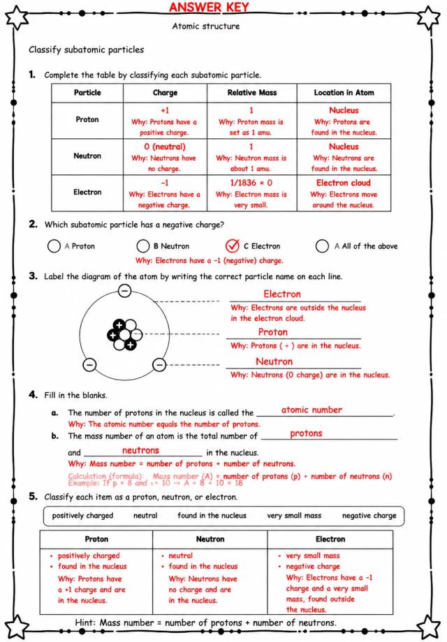 Answer key for Classify subatomic particles — free printable Science worksheet