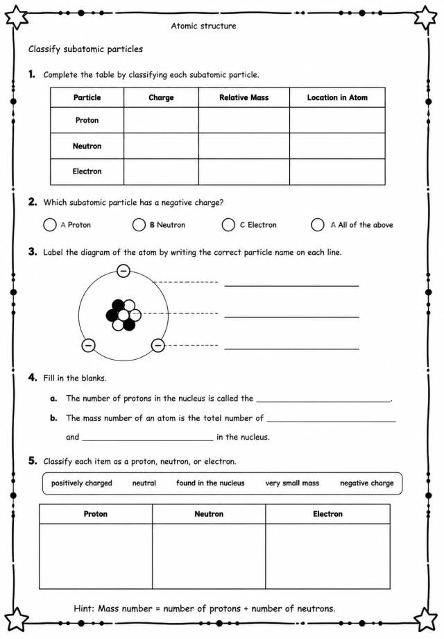 Classify subatomic particles — free printable High School Science worksheet