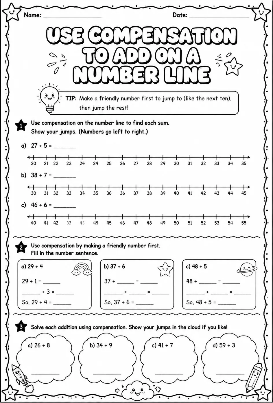 Use compensation to add on a number line - up to two digits — free printable Grade 2 math worksheet