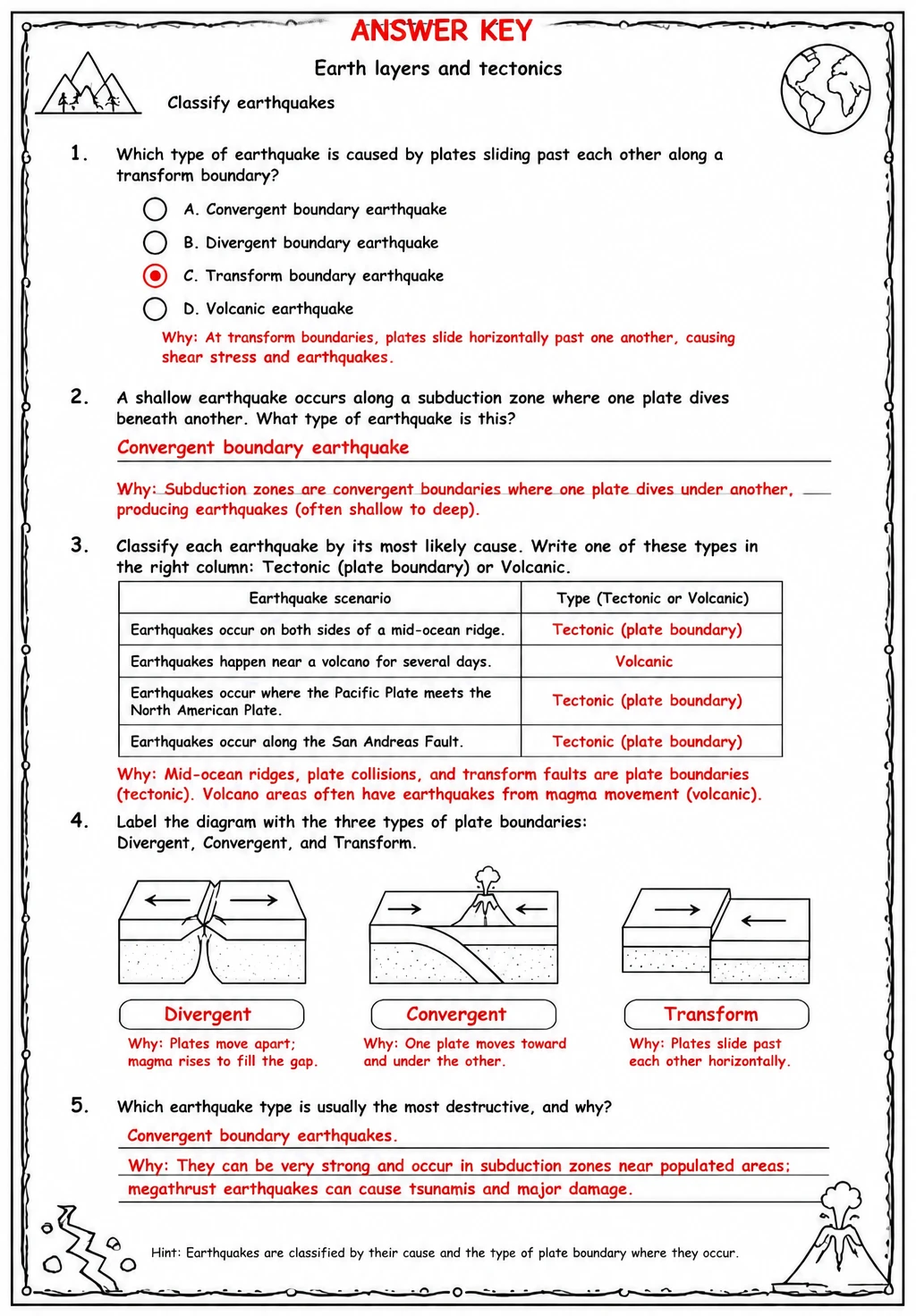 Answer key for Classify earthquakes — free printable Science worksheet