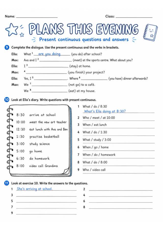 Plans This Evening | Grade 5 Grammar Worksheet grade 5 printable PDF preview