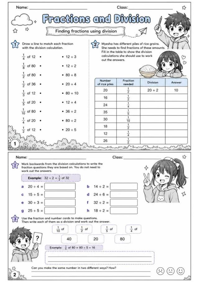 Fractions and Division - Grade 3 Math Worksheet - WKS-MAT-grade-3-XH-0051-EN grade 3 printable PDF preview