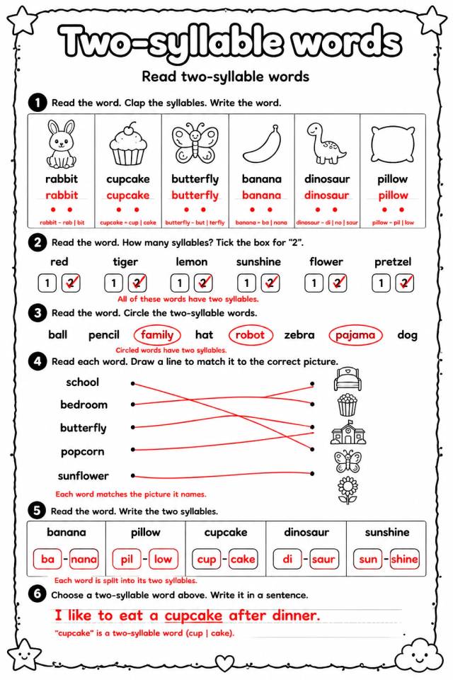 Answer key for Read two-syllable words — free printable English & Reading worksheet