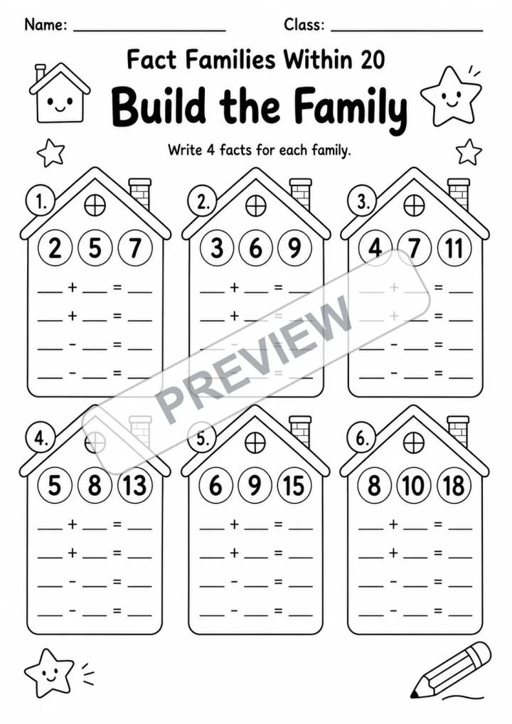 Fact Families Within 20 Independent Work Packet | 3 Worksheets | Grades 1-2 watermarked worksheet preview