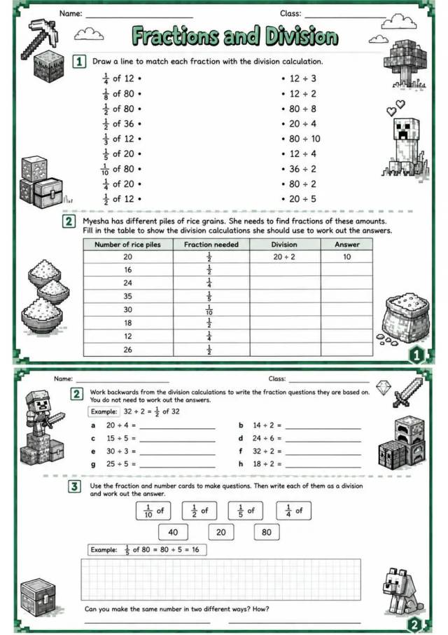 Fractions and Division - Grade 3 Math Worksheet - WKS-MAT-grade-3-XH-0052-EN grade 3 printable PDF preview
