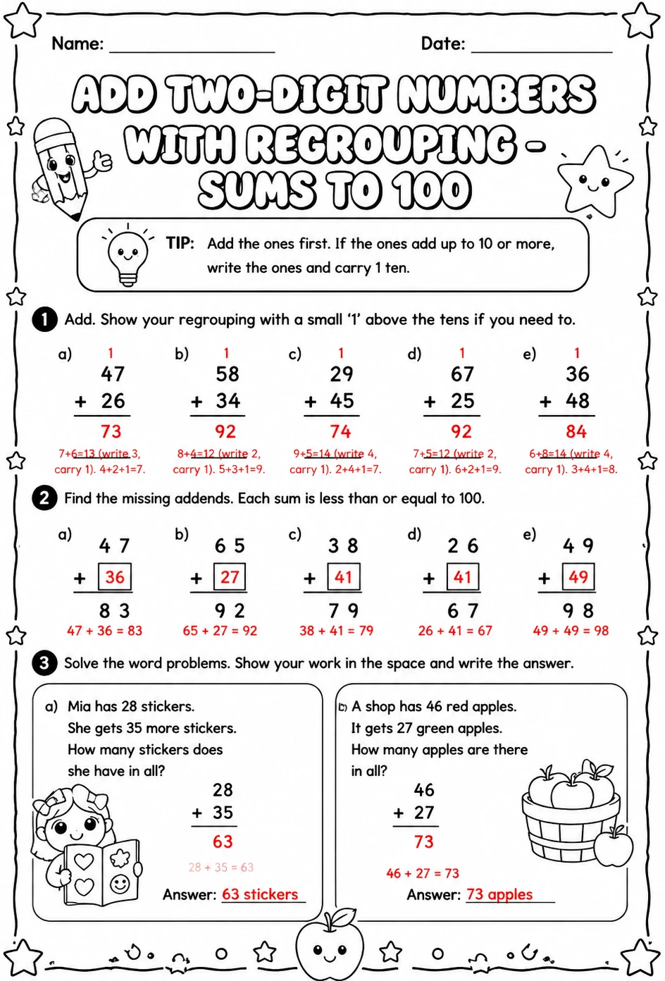 Answer key for Add two-digit numbers with regrouping - sums to 100 — free printable Math worksheet