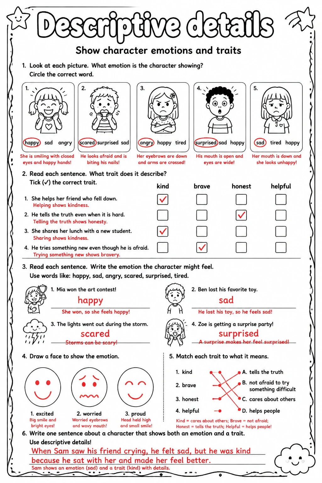 Answer key for Show character emotions and traits — free printable English & Reading worksheet
