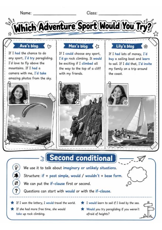 Second Conditional: Adventure Sports | Grades 5-6 Grammar Worksheet grades 5 6 printable PDF preview