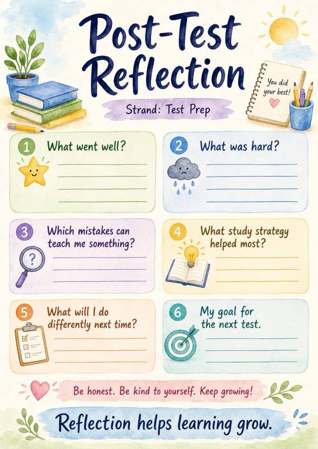 Post-test infographic poster showing Reflection, Strand: Test Prep, 1 What went well?, 2 What was hard? and 3 Which mistakes can teach me...