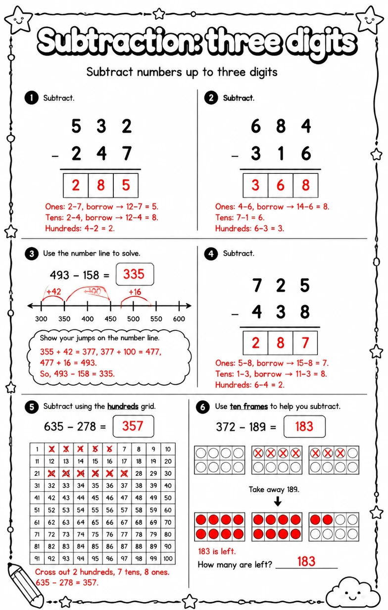 Answer key for Subtract numbers up to three digits — free printable Math worksheet