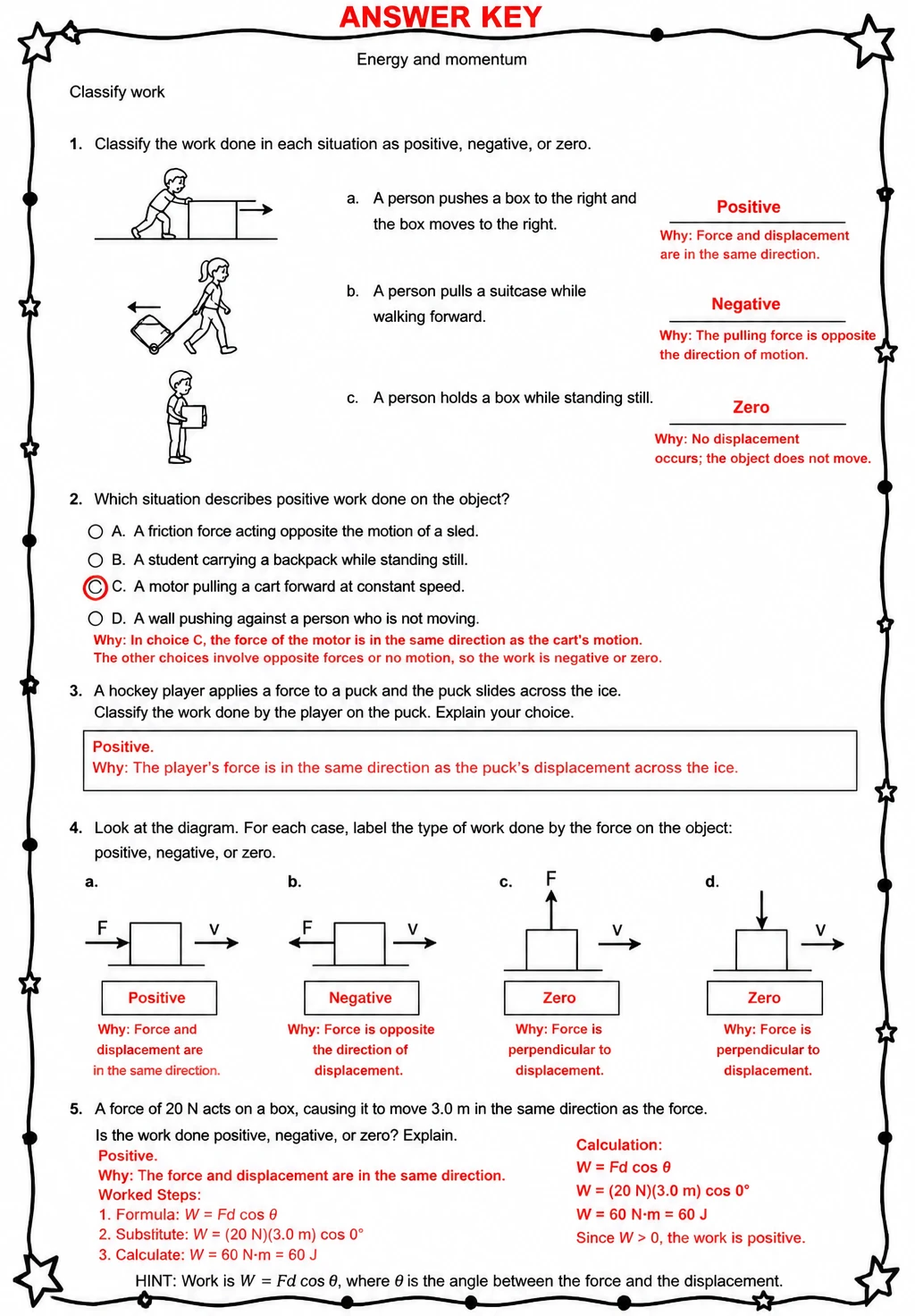 Answer key for Classify work — free printable Science worksheet