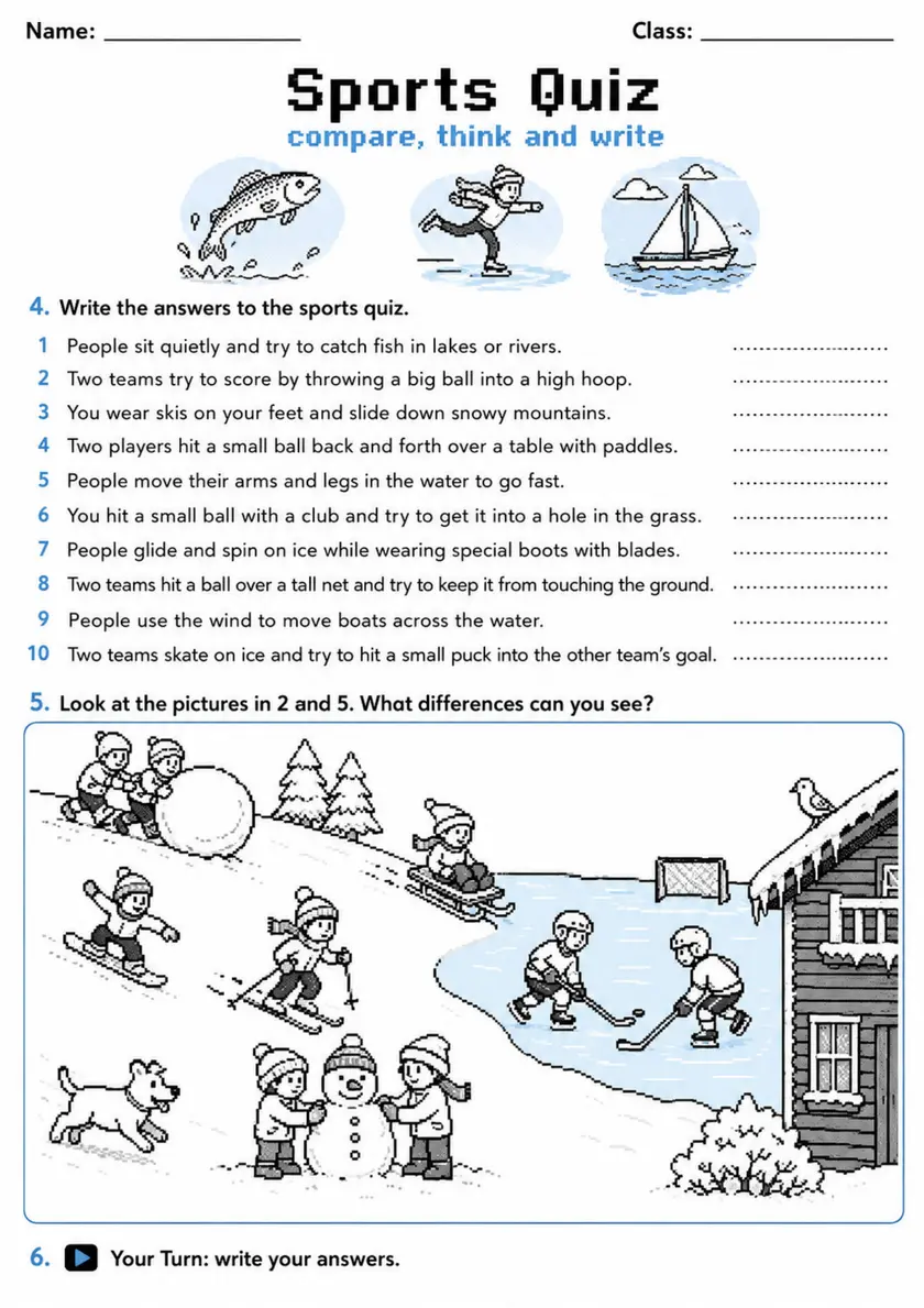 Cambridge Flyers - Sports Quiz | Free Worksheet primary printable PDF preview