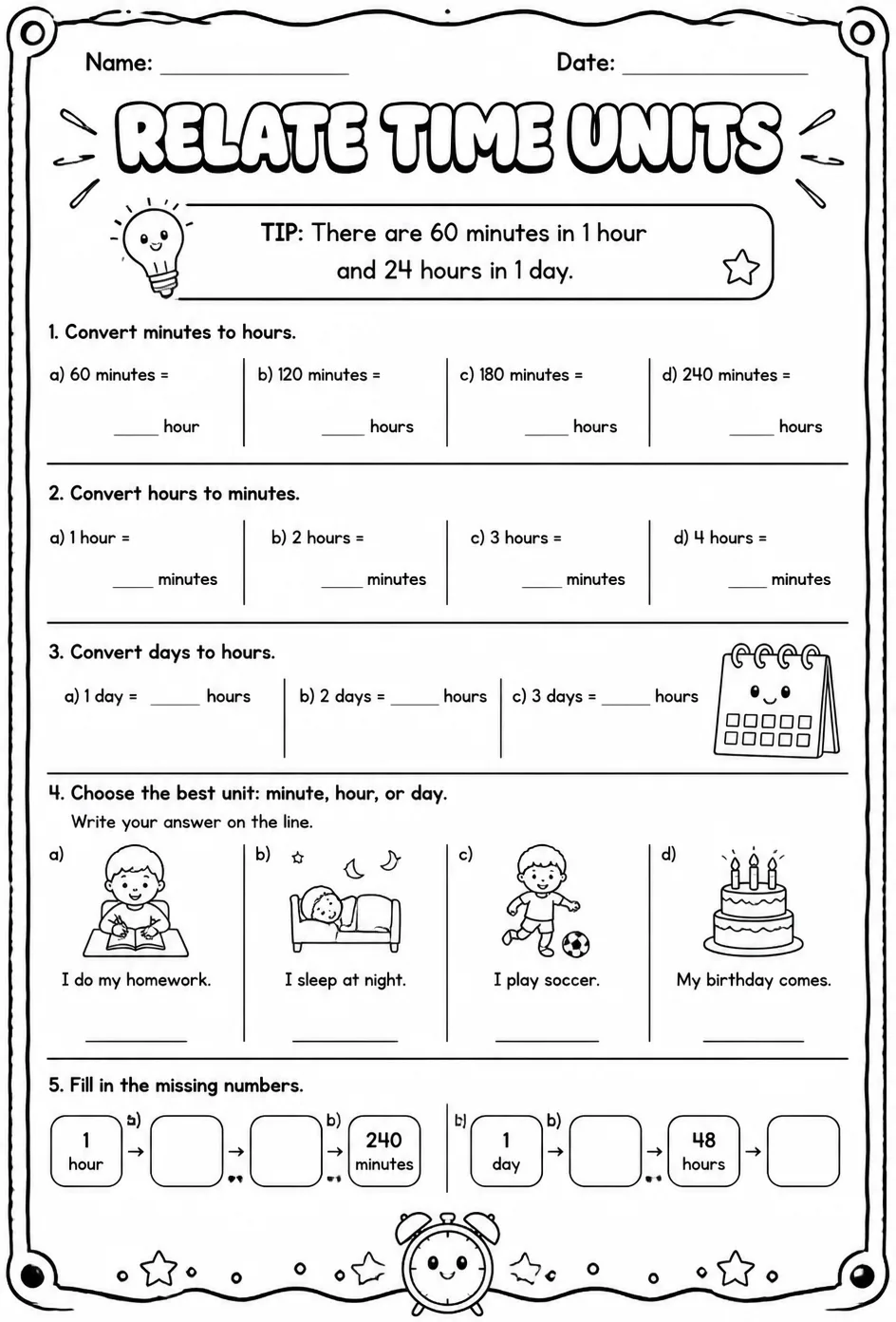 Relate time units — free printable Grade 2 math worksheet