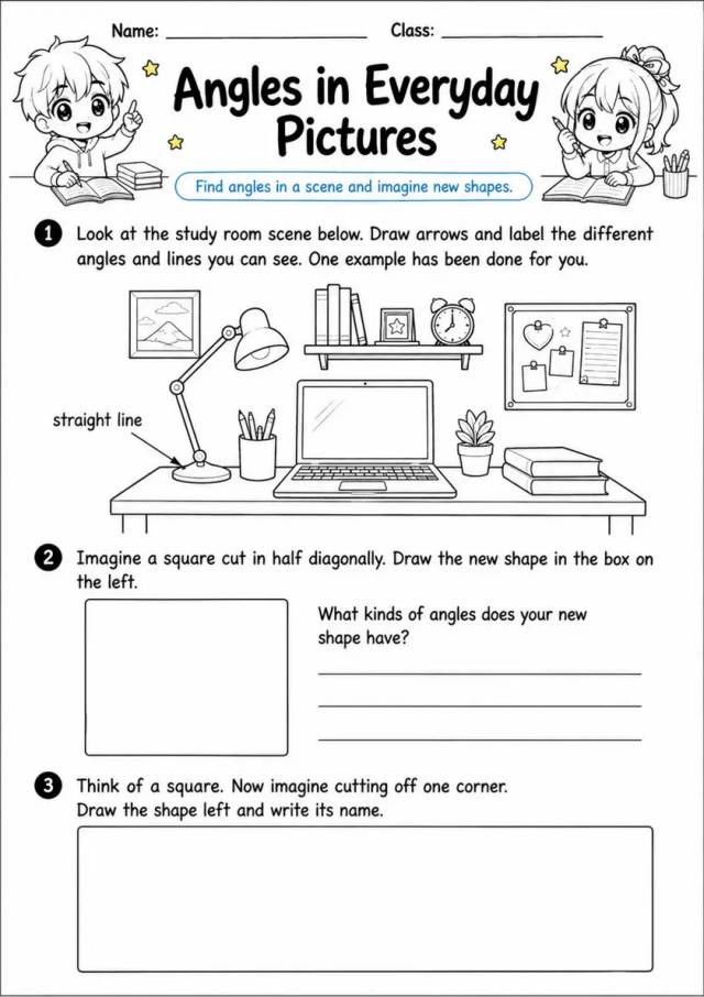 Angles in Everyday Pictures - Grade 3 Math Worksheet grade 3 printable PDF preview