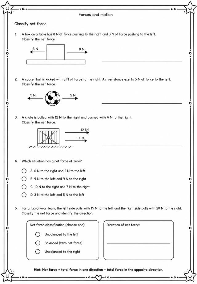 Classify net force — free printable Middle School Science worksheet