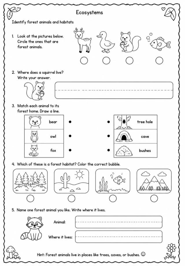 Identify forest animals and habitats — free printable Grade 1 Science worksheet