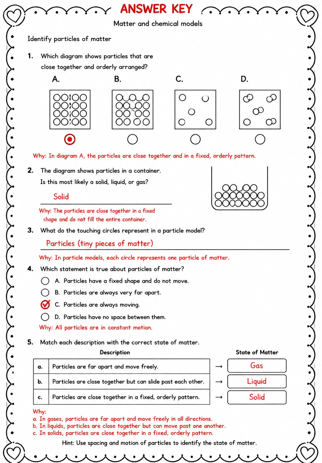 Answer key for Identify particles of matter — free printable Science worksheet