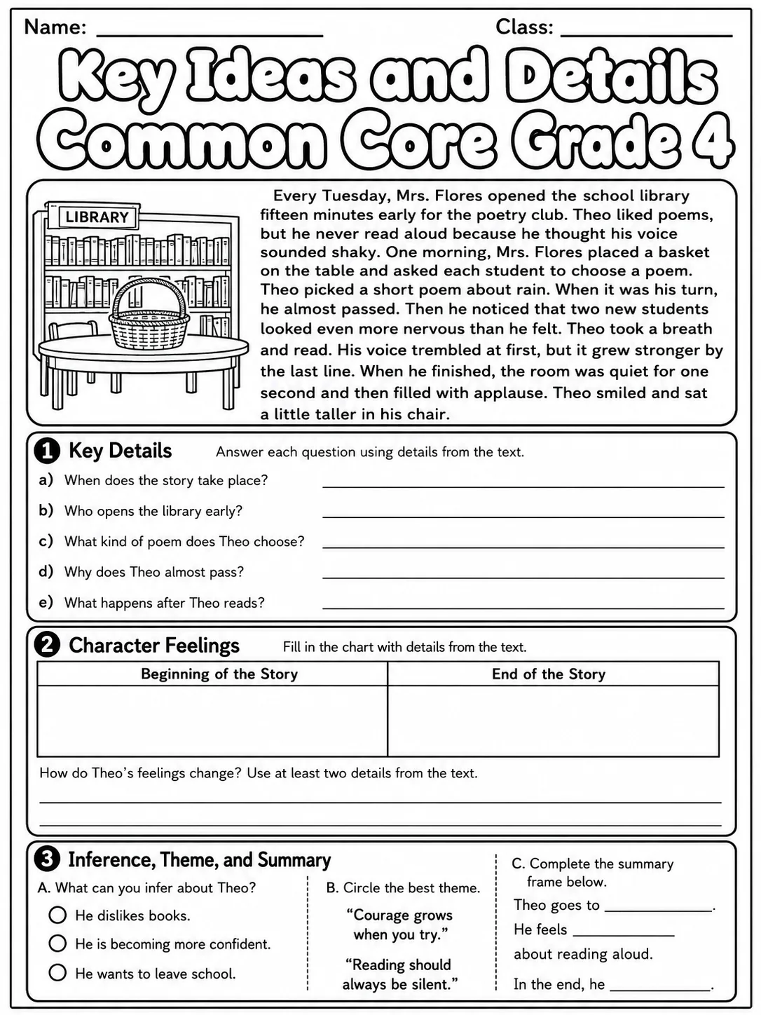 Key Ideas and Details Common Core Grade 4 printable Common Core ELA Grade 4 worksheet preview from KiwiBee