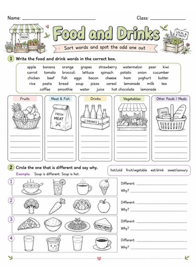 Cambridge MOVERS - Food and Drinks | Free Worksheet primary printable PDF preview