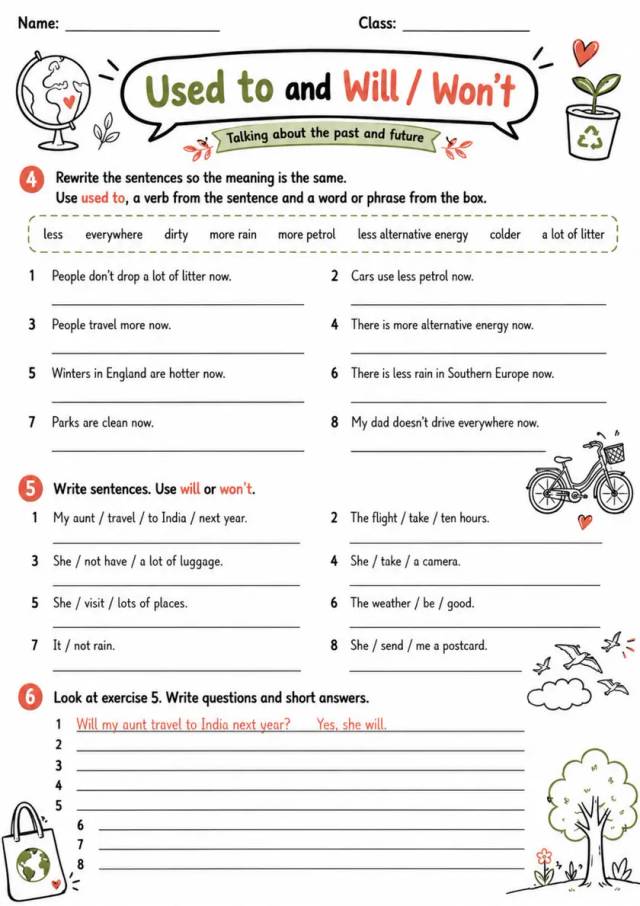Used To And Will / Won'T | Grade 5 Grammar Worksheet grade 5 printable PDF preview