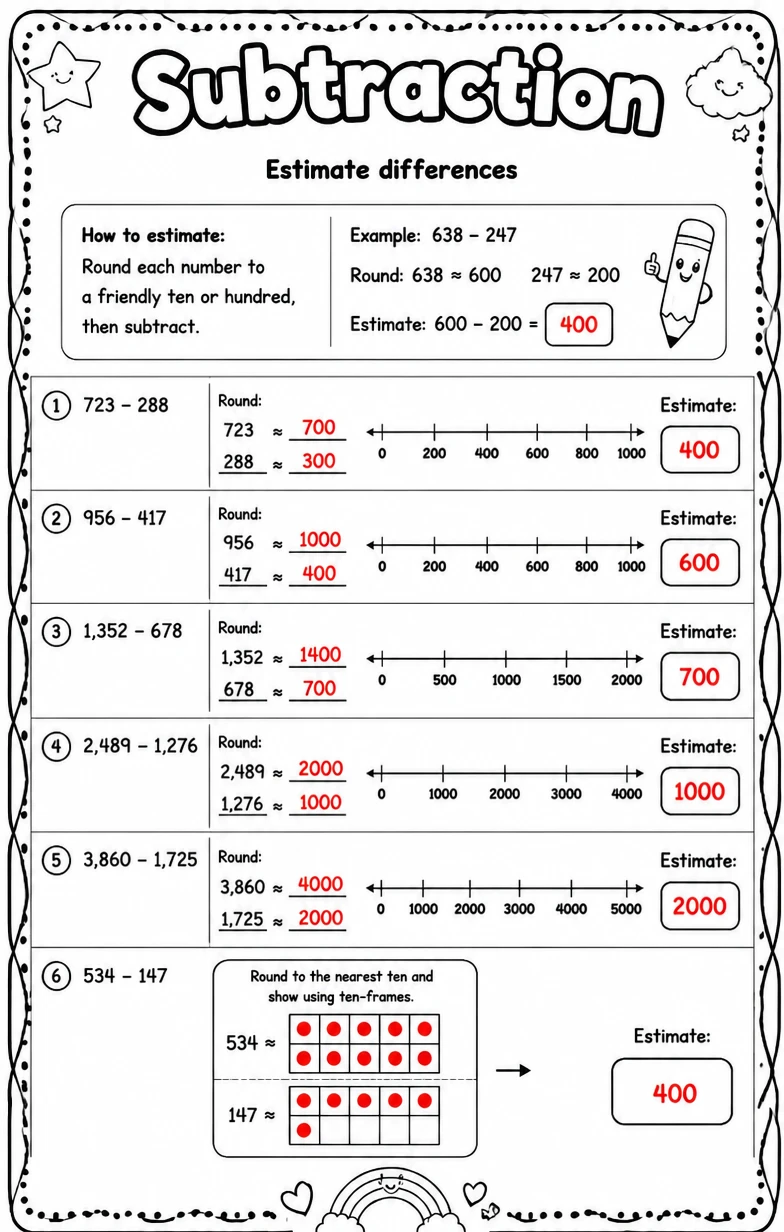 Answer key for Estimate differences — free printable Math worksheet